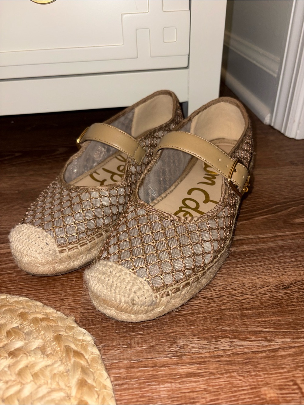 Sam Edelman Beige Woven Espadrille Flats with Gold Buckle - Picture 2 of 6